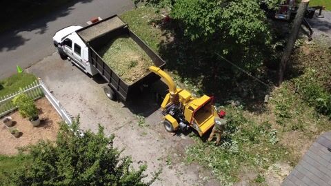 Aerial view of the chipper feeding cut brush into the truck box on the drive