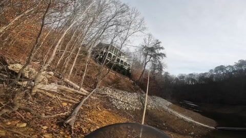 GoPro footage looking down a steep wooded slope where a large trunk has come down through the leaf litter